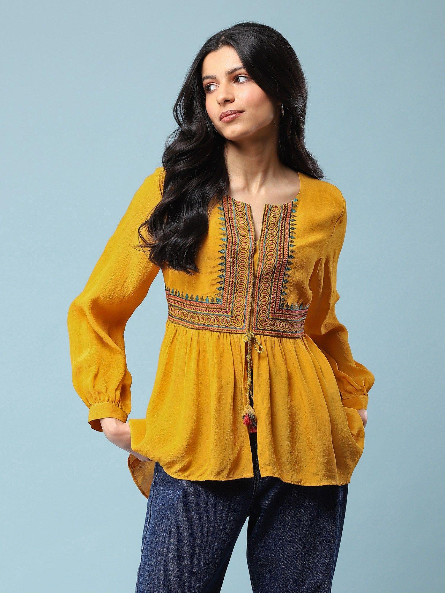 yellow embroidered tie-up top