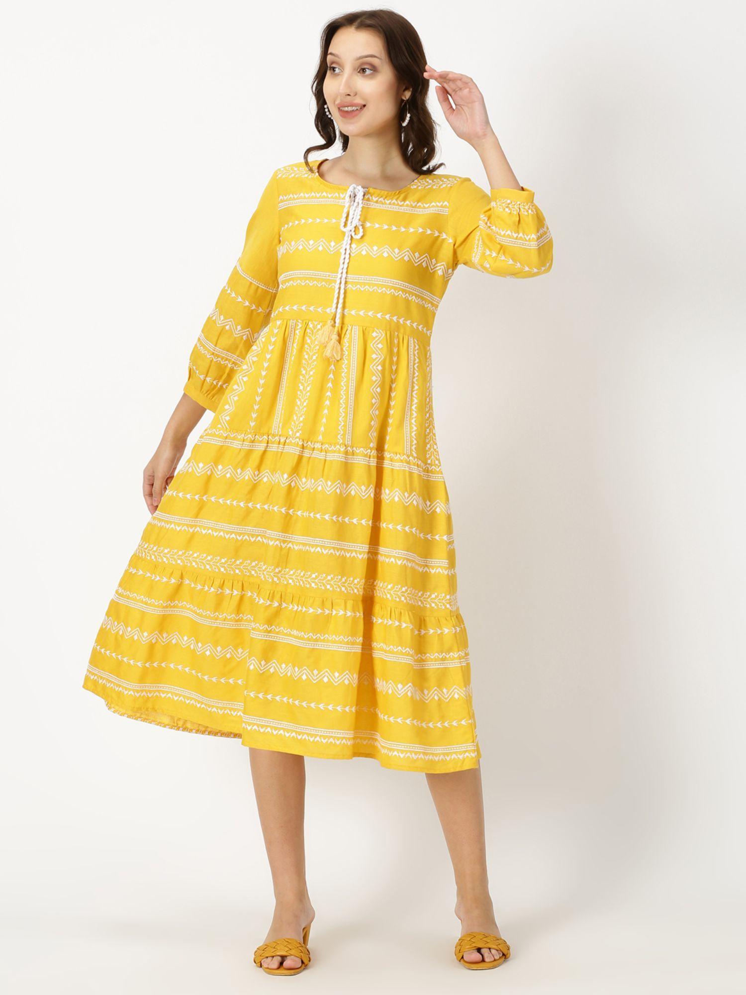 yellow embroidered tiered boho midi dress