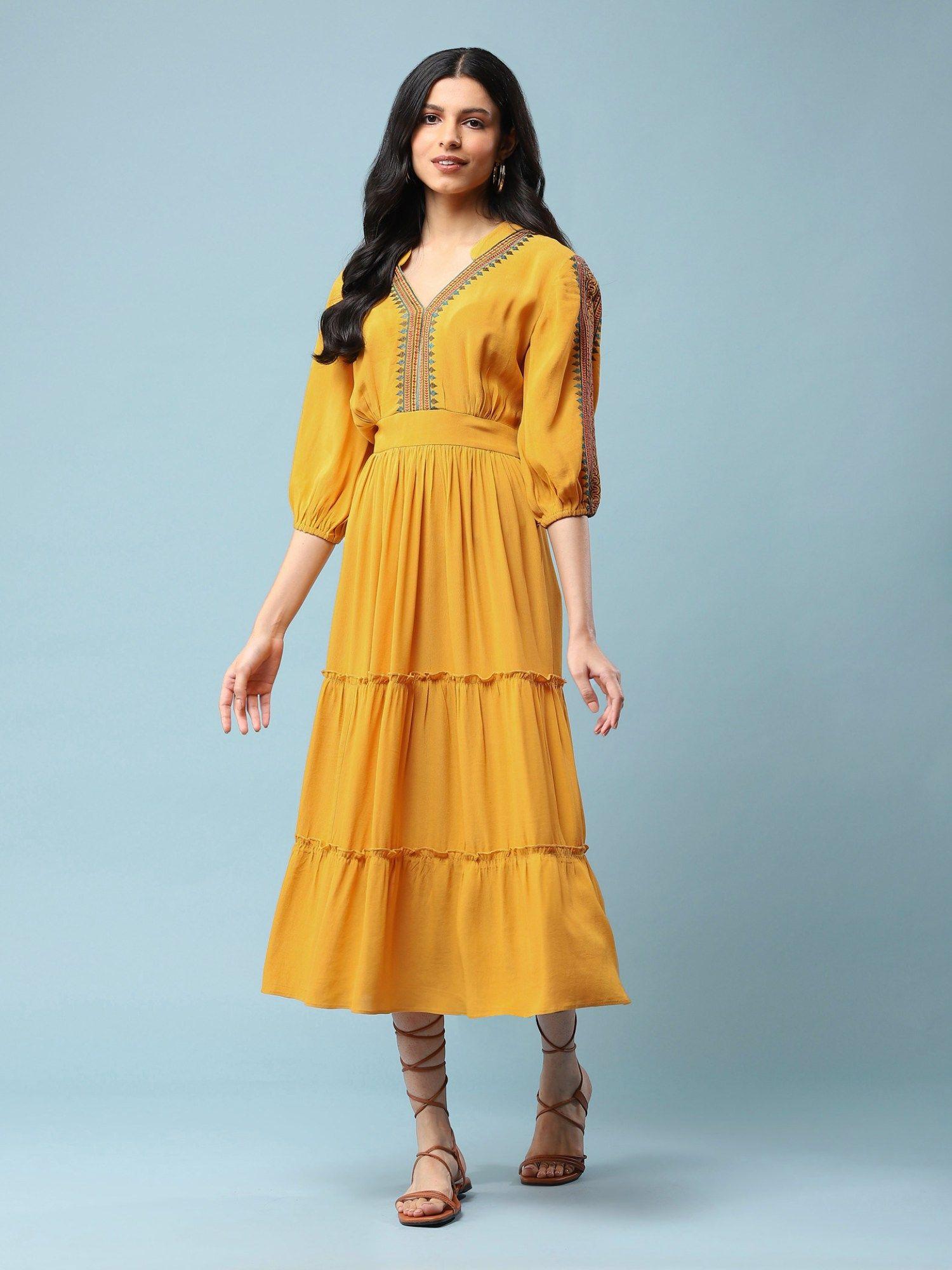 yellow embroidered tiered midi dress