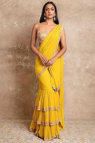 yellow embroidered tiered saree set