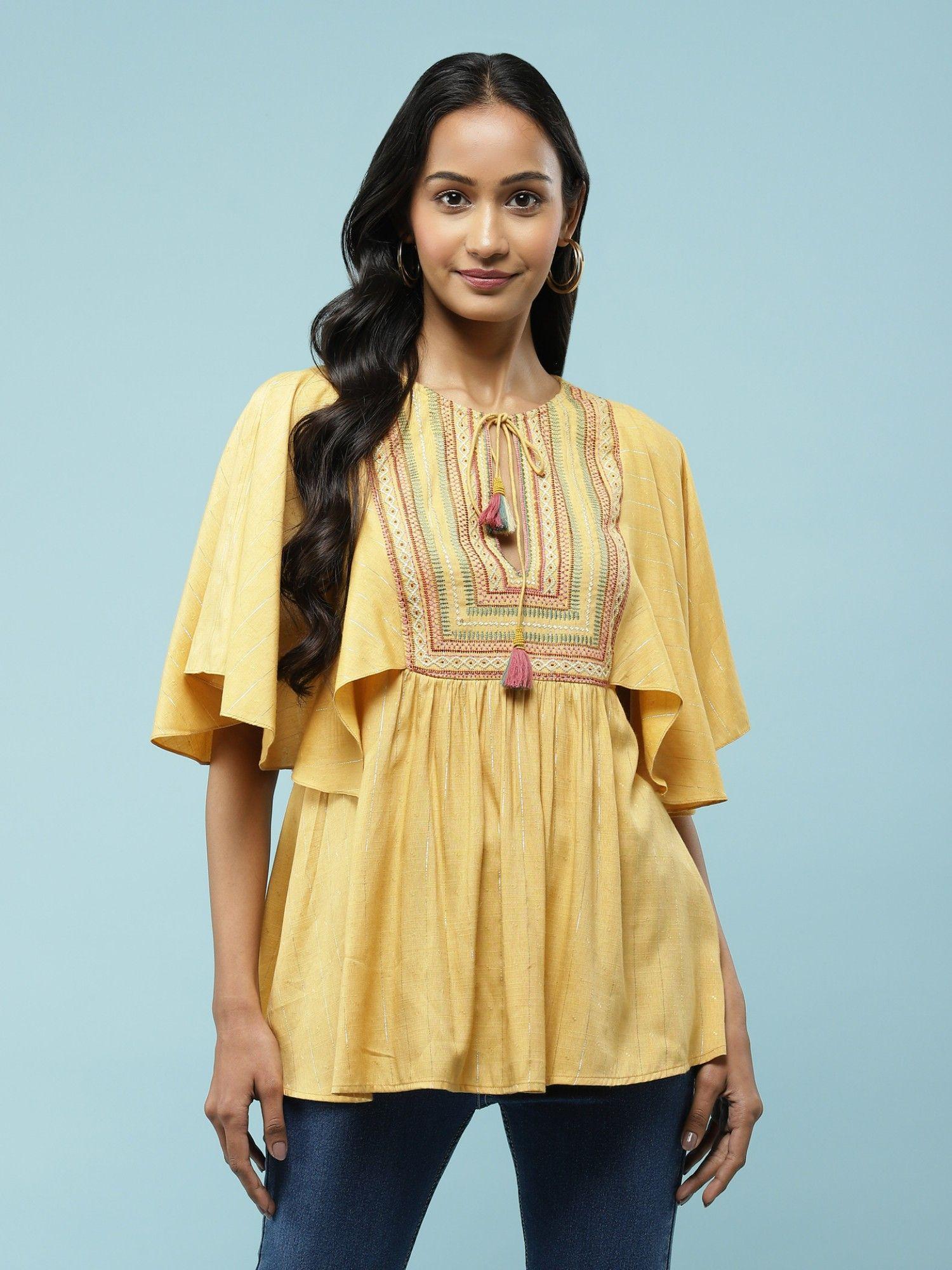 yellow embroidered top with drawstring