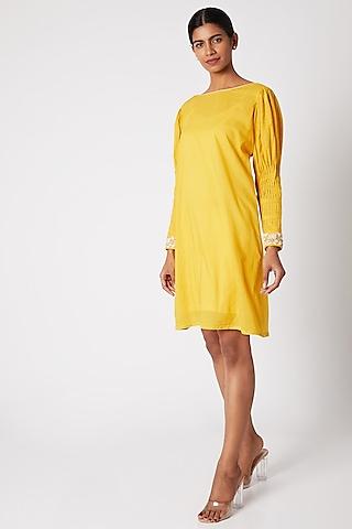 yellow embroidered tunic with pleated sleeves