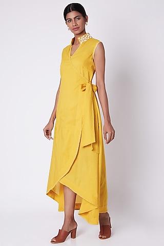 yellow embroidered wrap around dress