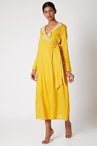 yellow embroidered wrap dress