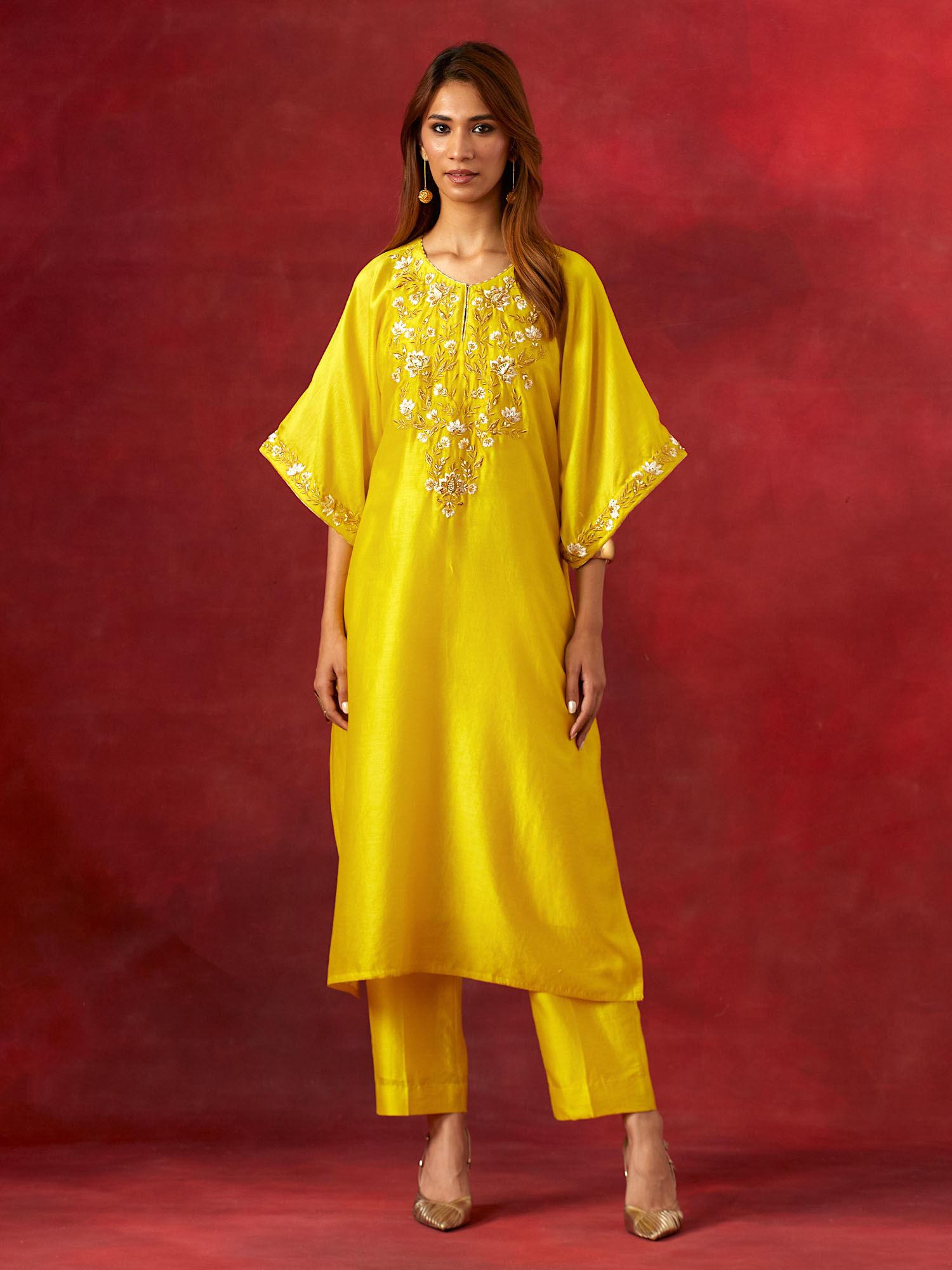 yellow embroidered yoke kaftan kurta with pant (set of 2)