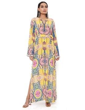 yellow enchanted print crepe long beyza kaftan with belt