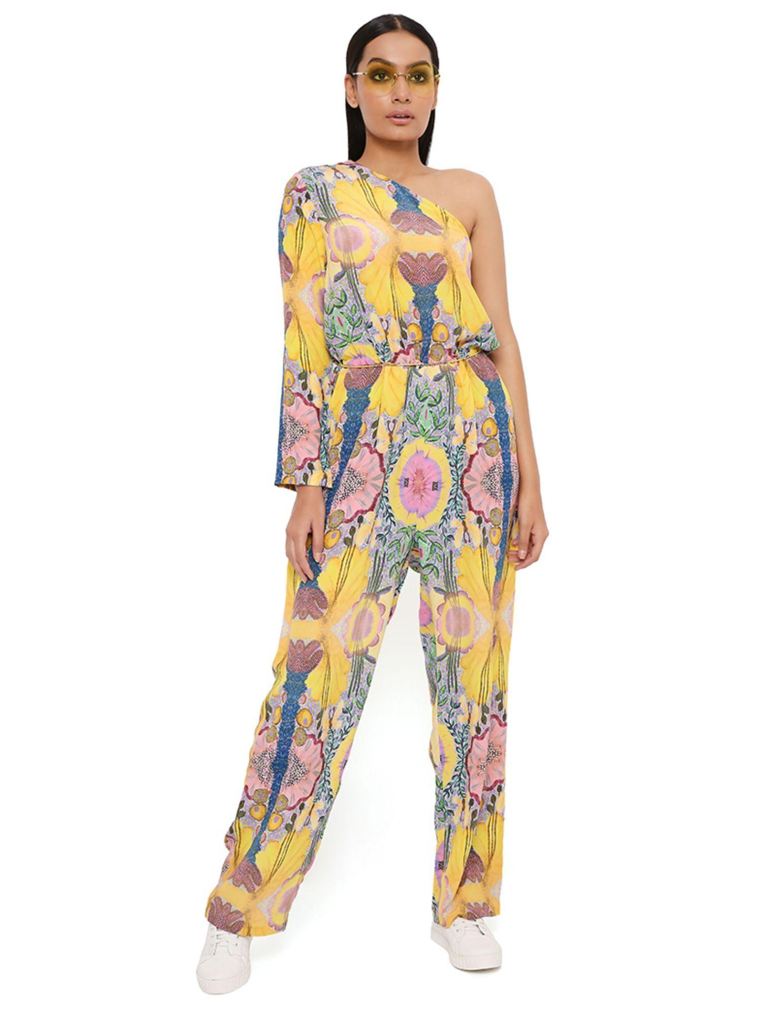 yellow enchanted print crepe one shoulder jumpsuit