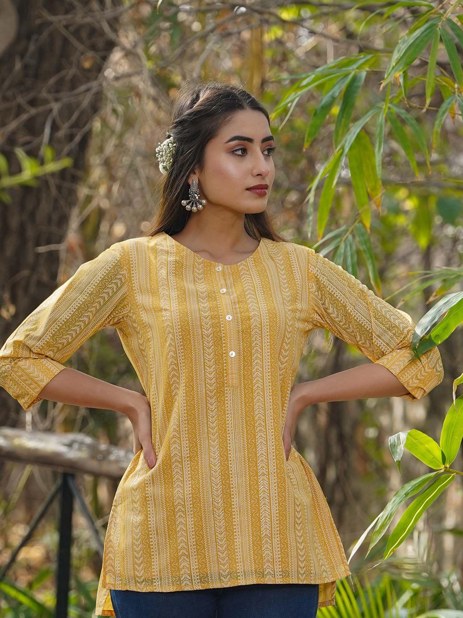 yellow ethnic motif printed georgette high-low tunic.