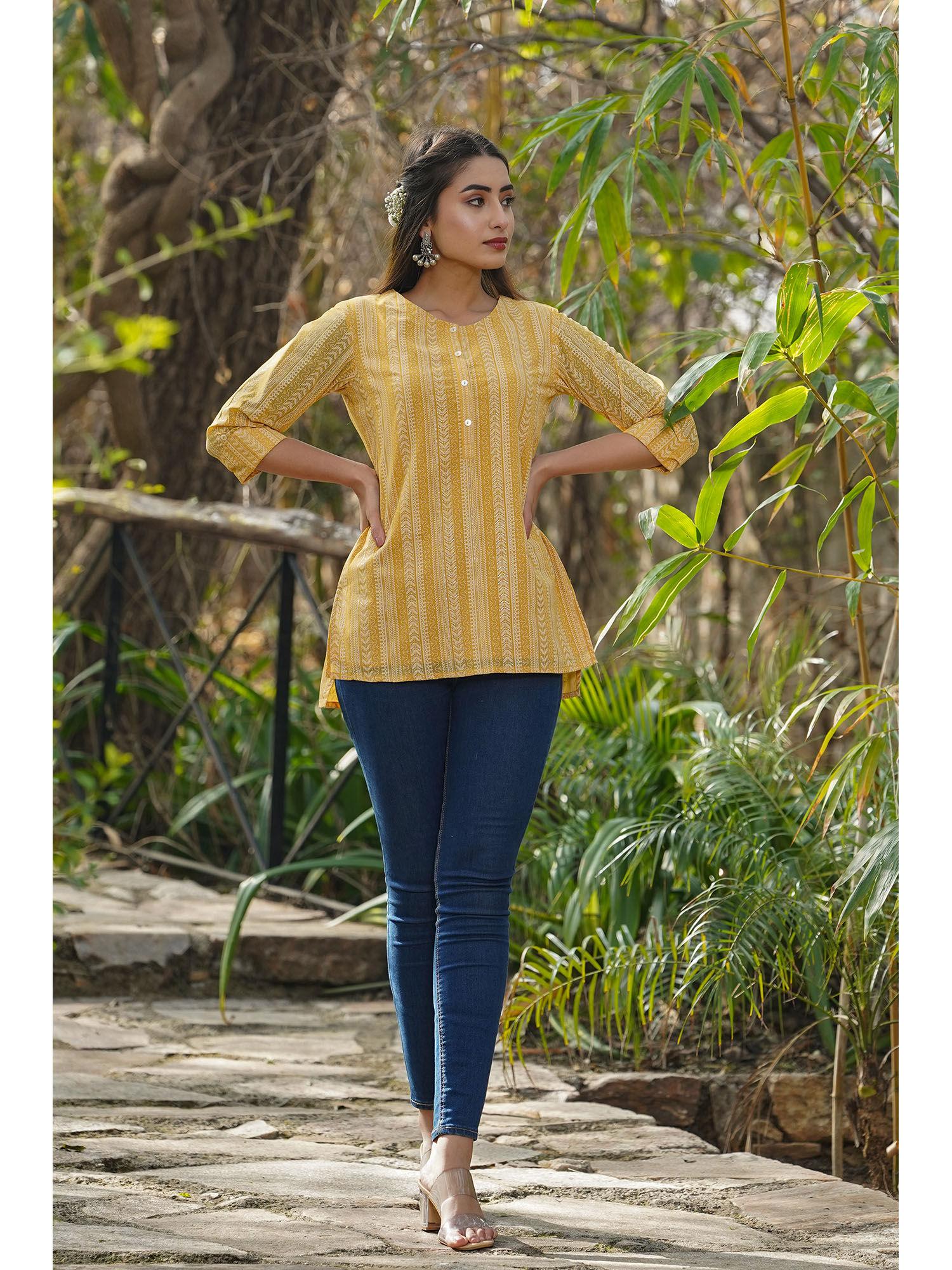 yellow ethnic motif printed georgette high-low tunic.