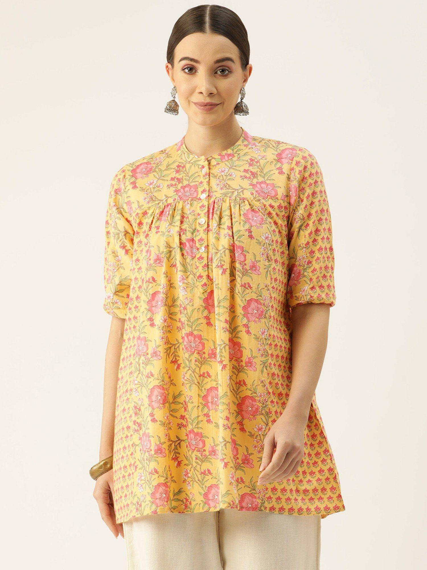 yellow ethnic motifs printed kurti