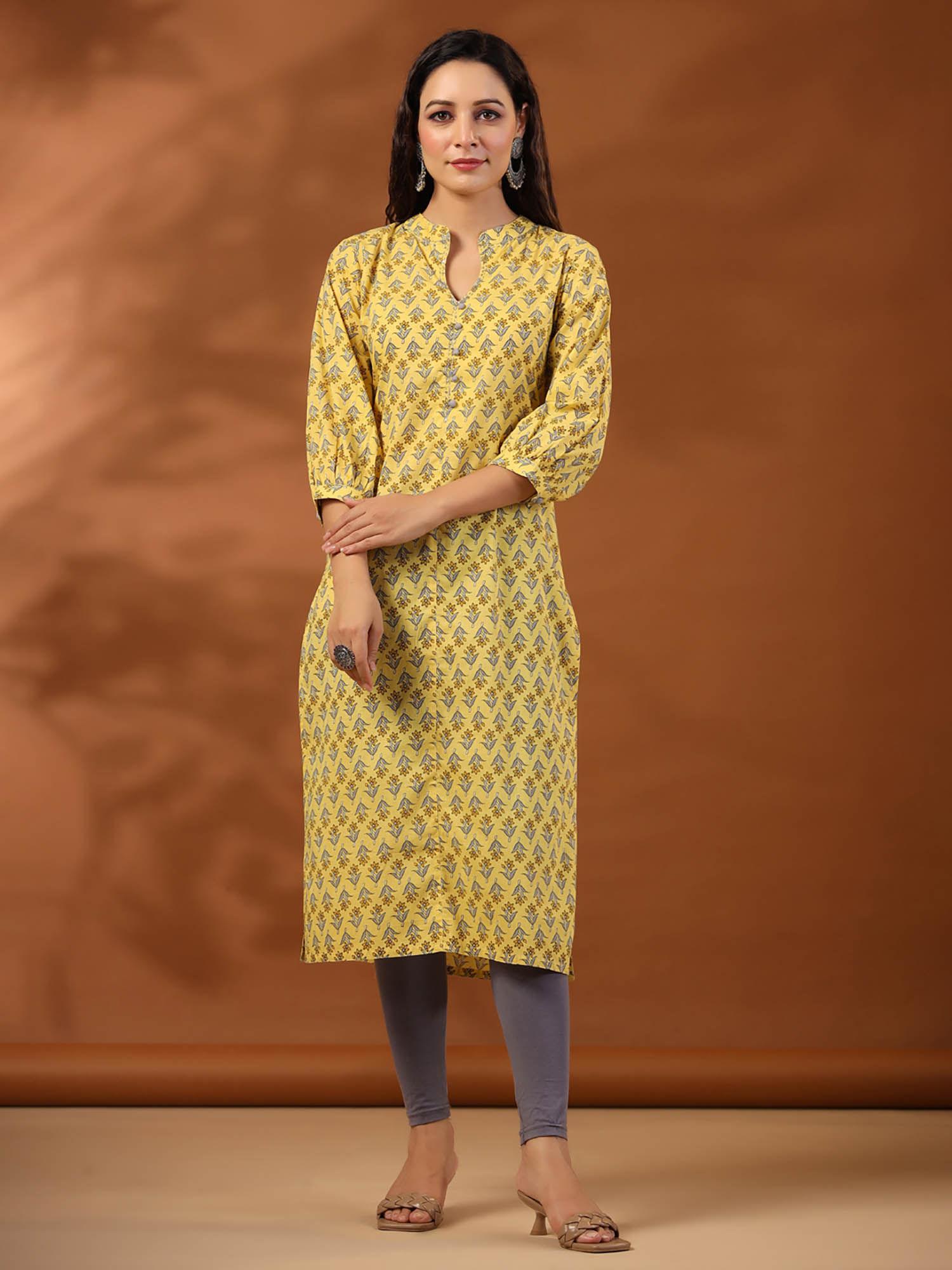 yellow ethnic mughal buti printed straight kurta