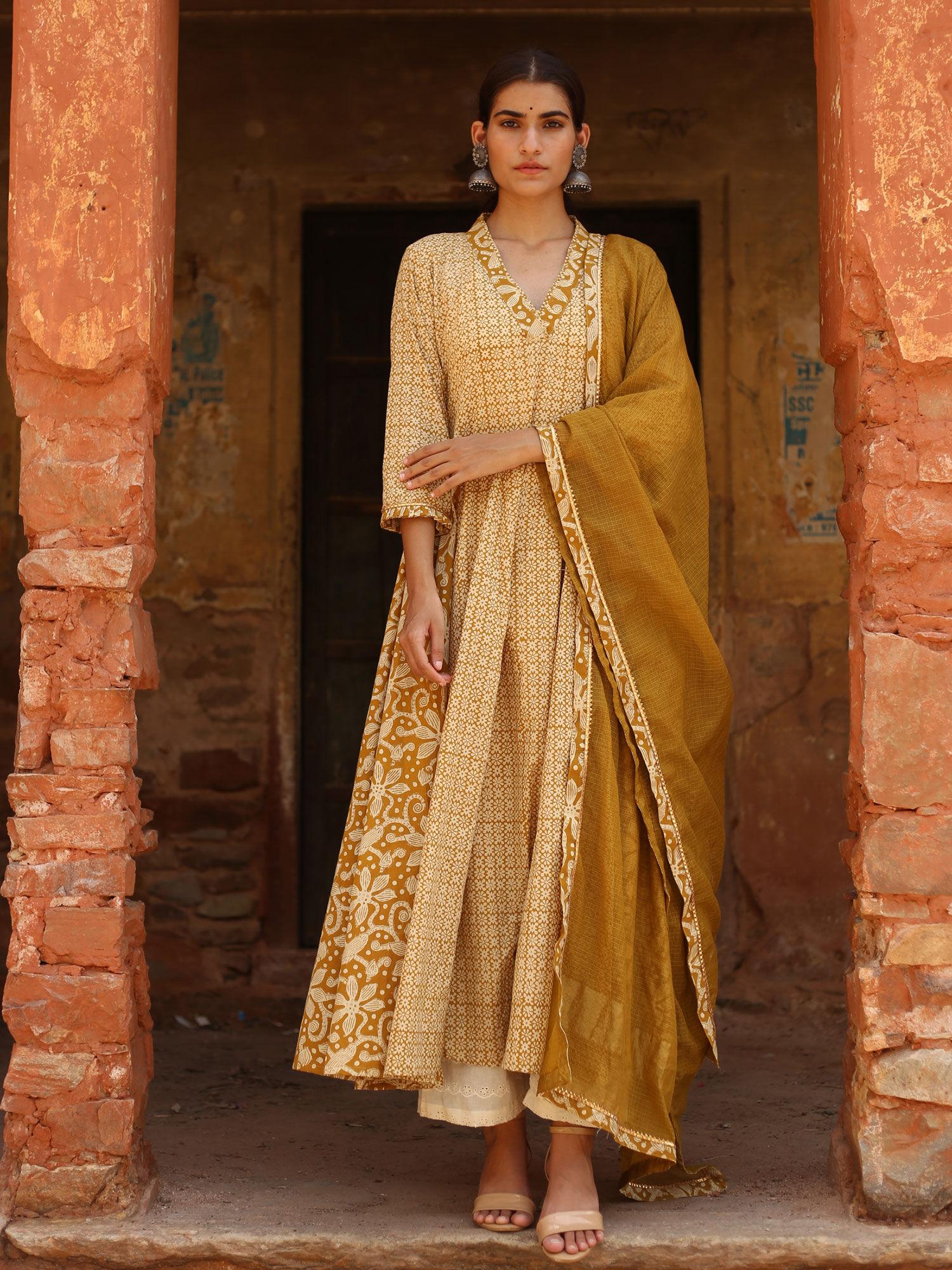 yellow farida anarkali with pant and dupatta (set of 3)