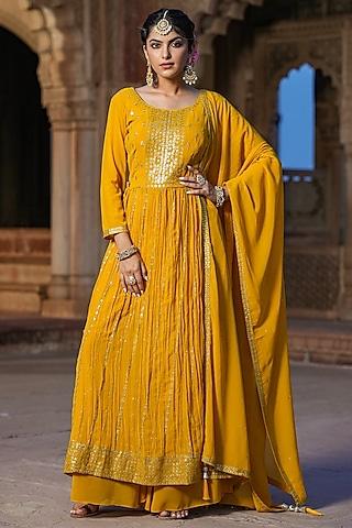yellow faux georgette sequins hand embroidered kurta set