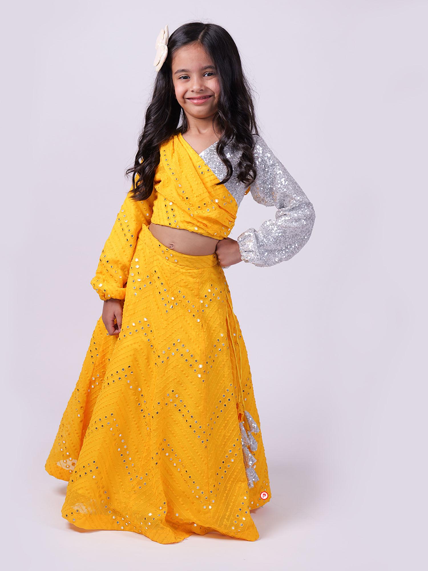 yellow faux mirror lehenga with silver sequence top (set of 2)