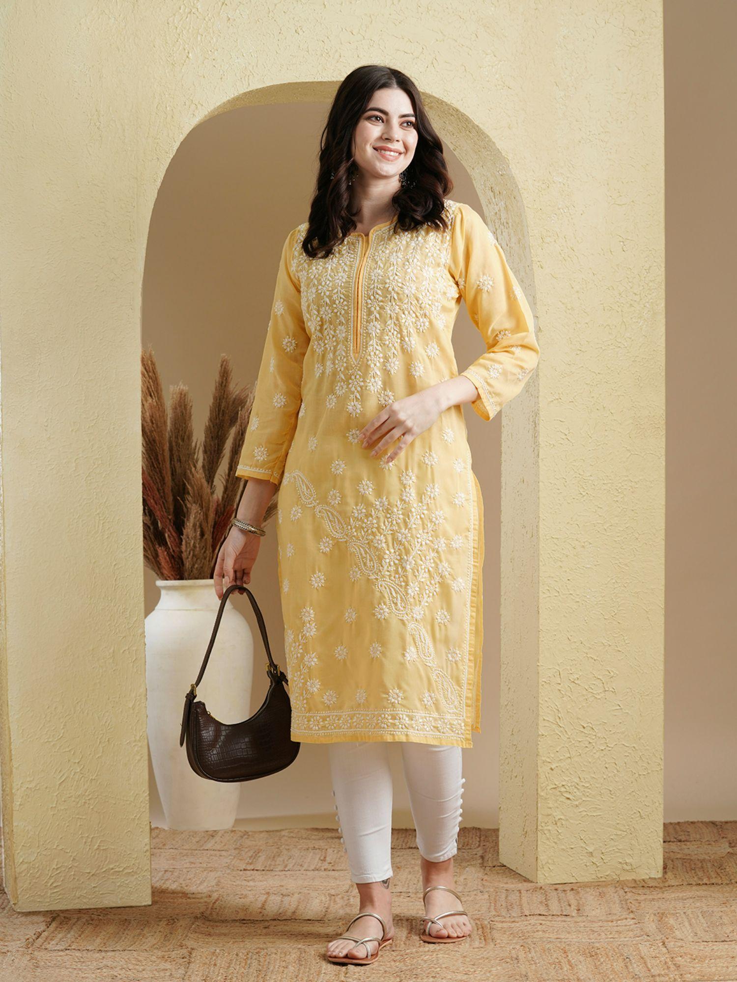 yellow festive cotton lucknowi chikankari kurta (xs) (a100296)