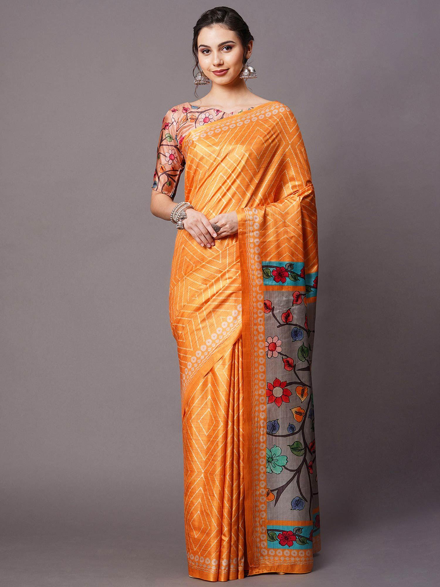 yellow festive dole silk printed saree with unstitched blouse