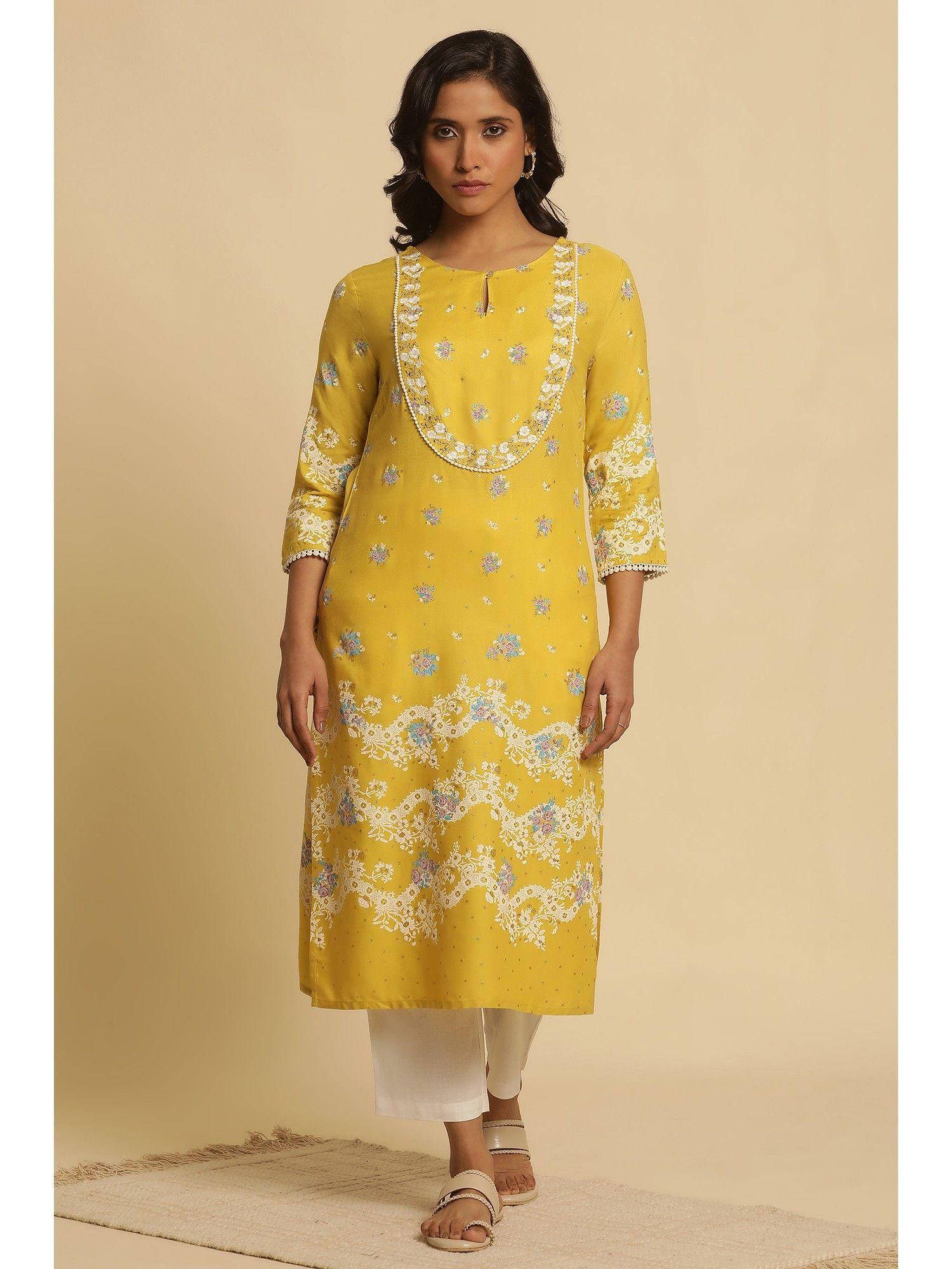 yellow festive floral print viscose straight kurta for women