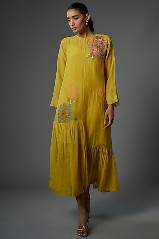 yellow fine chanderi embroidered dress