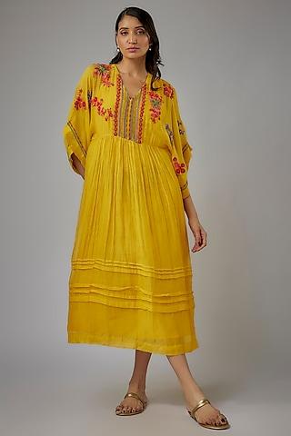 yellow fine chanderi hand embroidered kaftan dress