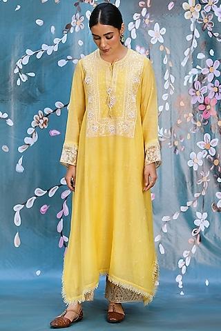 yellow fine chanderi kurta set