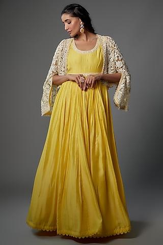 yellow fine silk embroidered anarkali with jacket