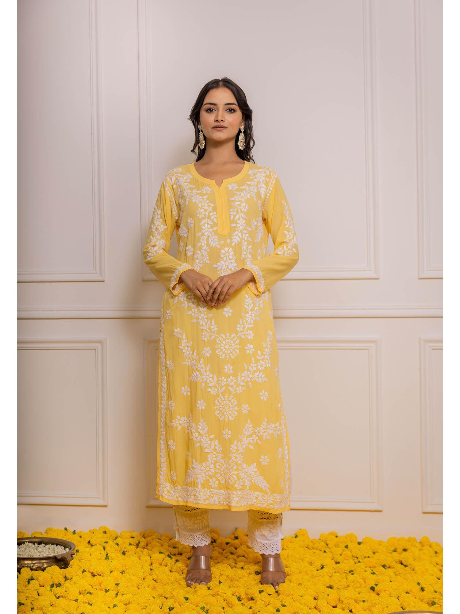 yellow fizaa chikankari long kurta in modal cotton for women