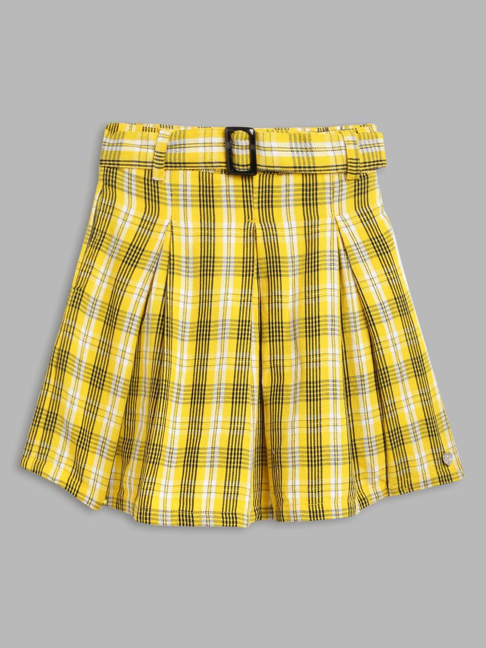 yellow flared checked skirt