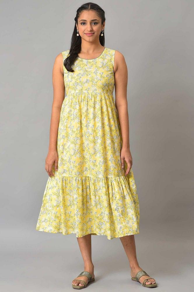 yellow flared floral printed sleeveless dress