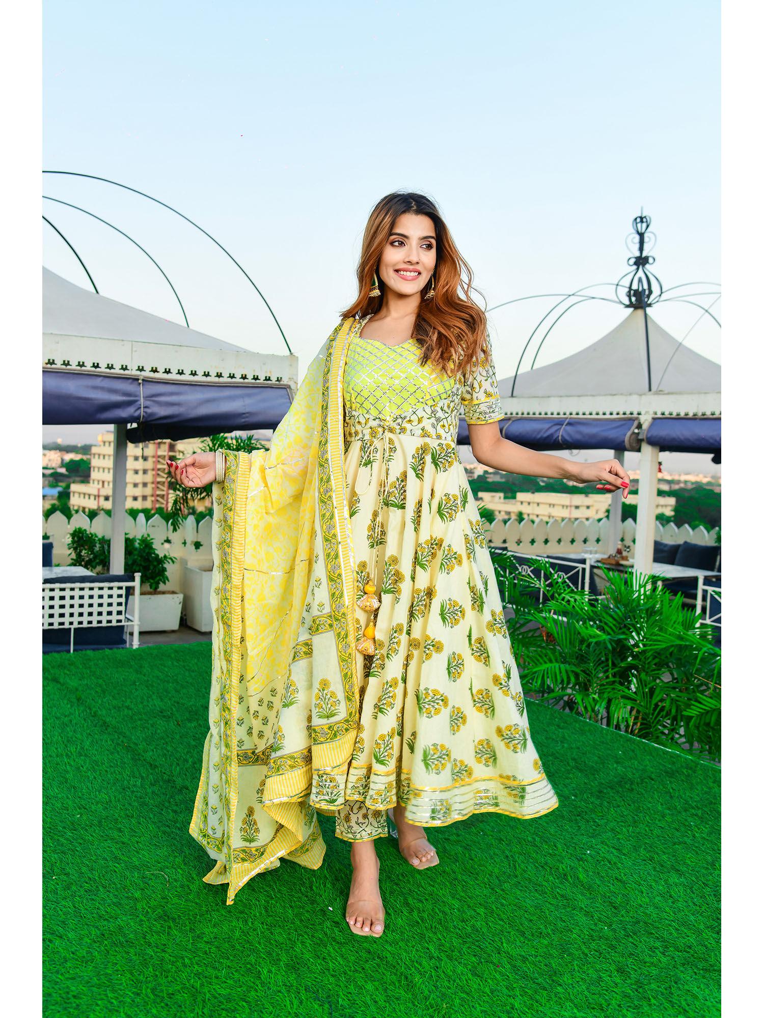 yellow floral anarkali kurta with pants (set of 3)