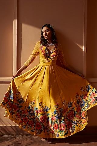 yellow floral anarkali with dupatta