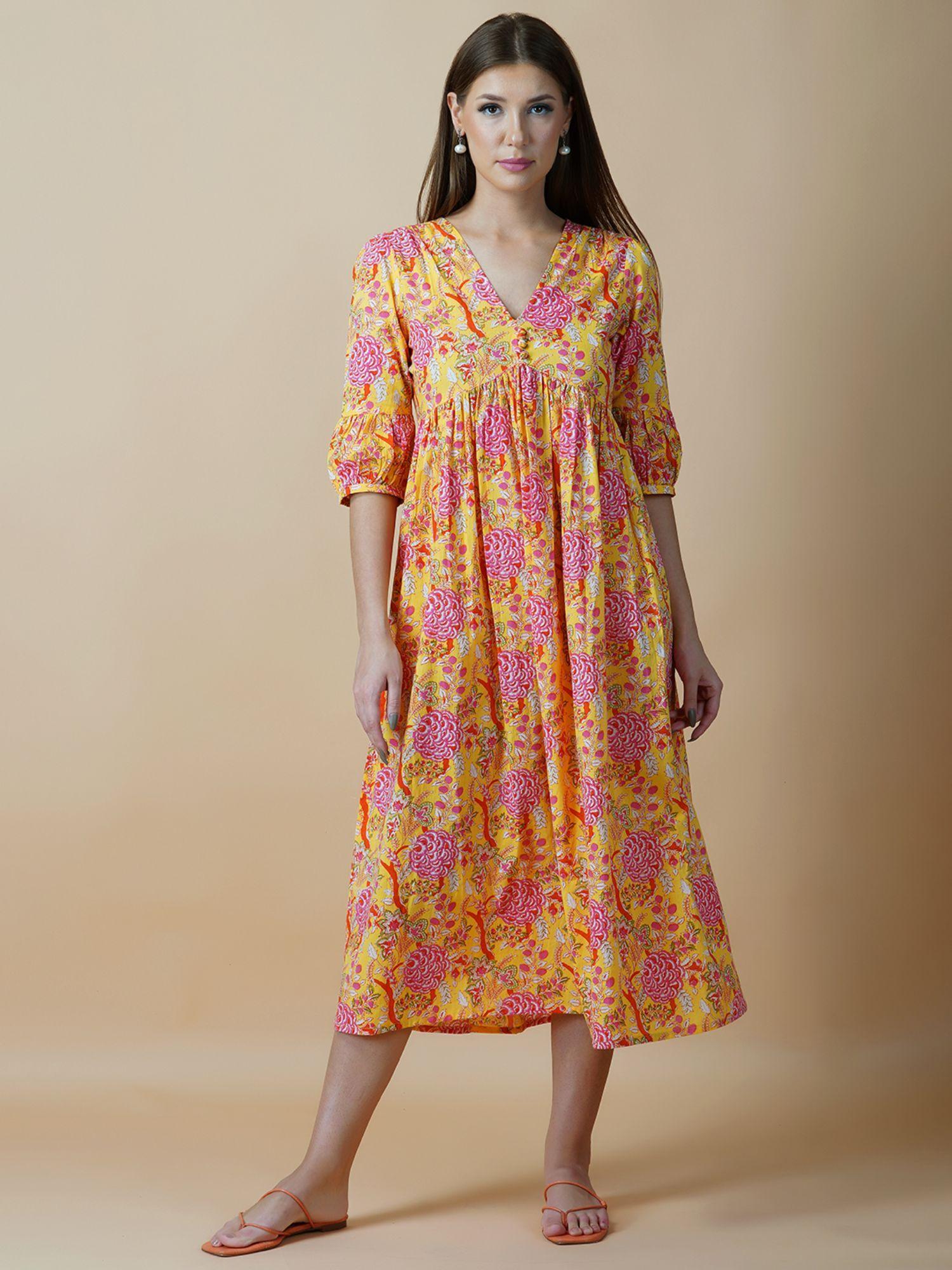 yellow floral block v-neck midi dress with flared hem & pleated sleeves
