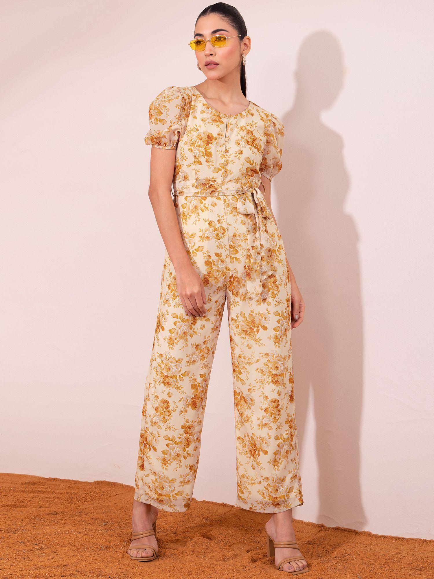 yellow floral button jumpsuit with self fabric belt (set of 2)