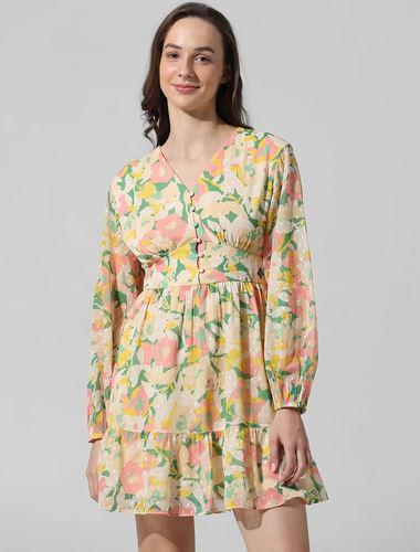 yellow floral chiffon mini dress