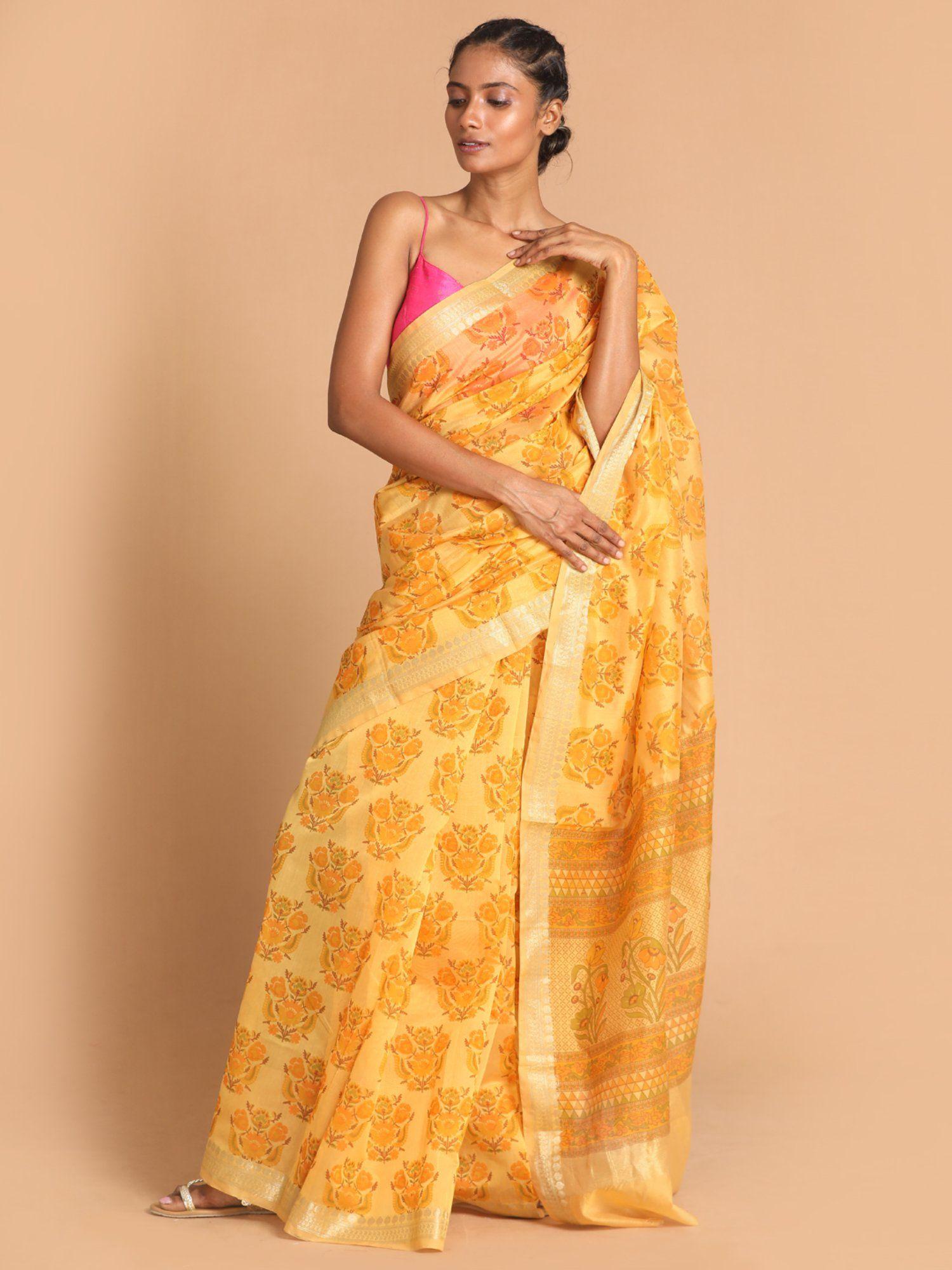 yellow floral cotton blend saree with unstitched blouse