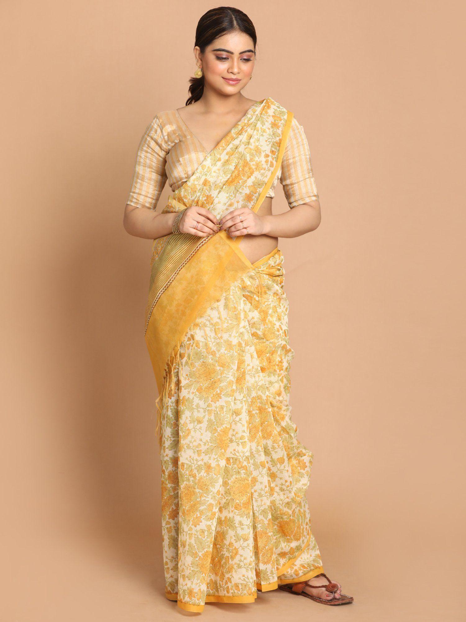 yellow floral cotton blend saree with unstitched blouse