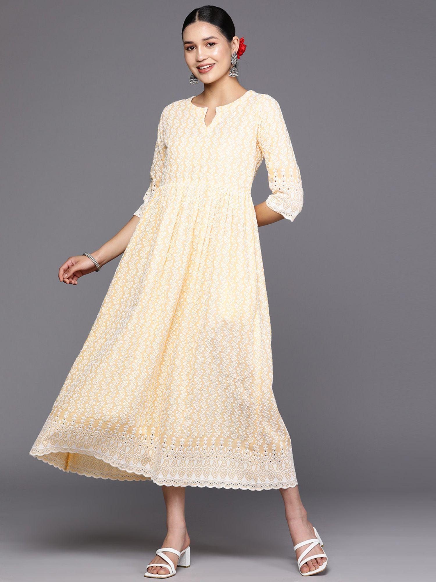 yellow floral embroiderd fit & flare dress