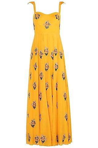 yellow floral embroidered anarkali gown set