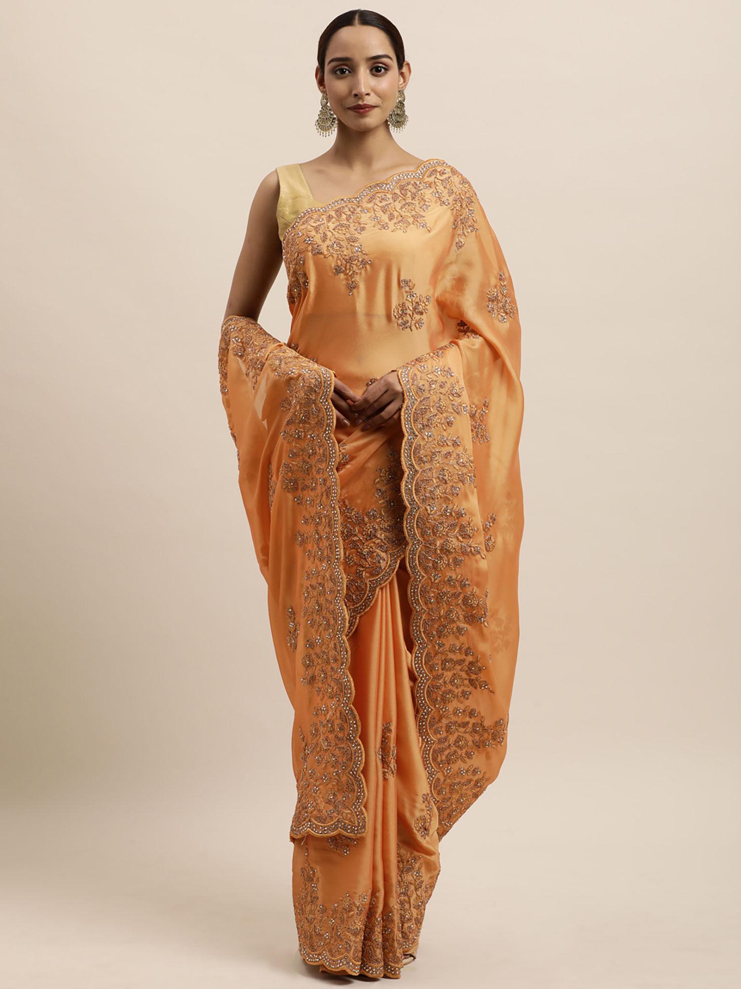 yellow floral embroidered art silk saree with unstitched blouse