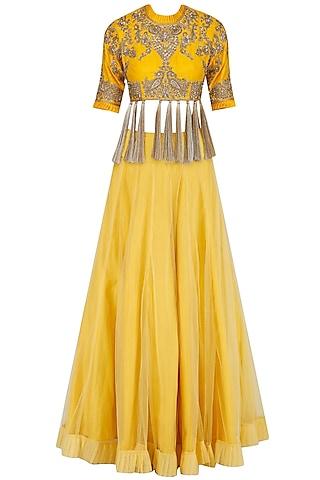 yellow floral embroidered blouse and lehenga set
