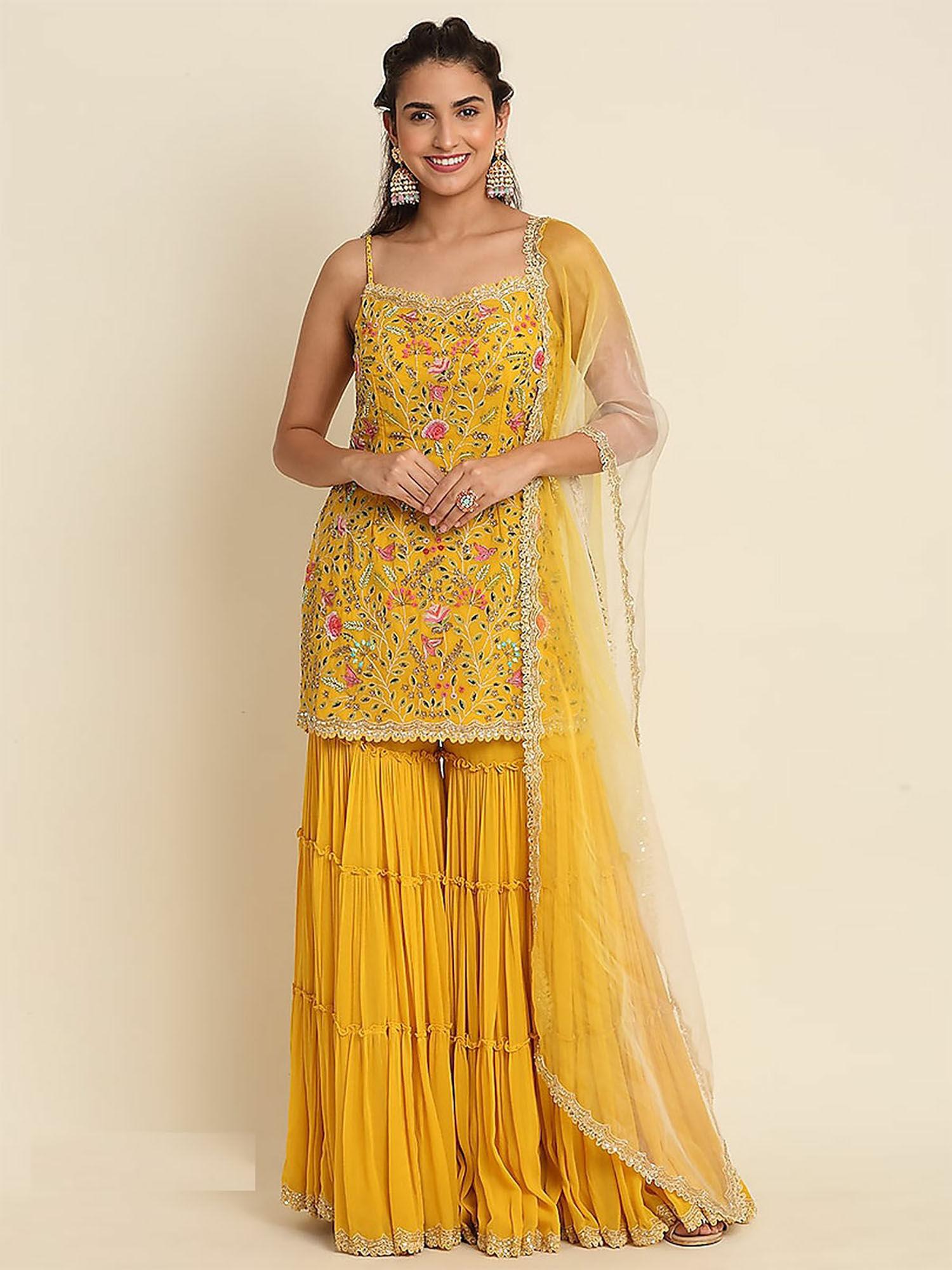 yellow floral embroidered georgette semi stitched dress material (set of 3)