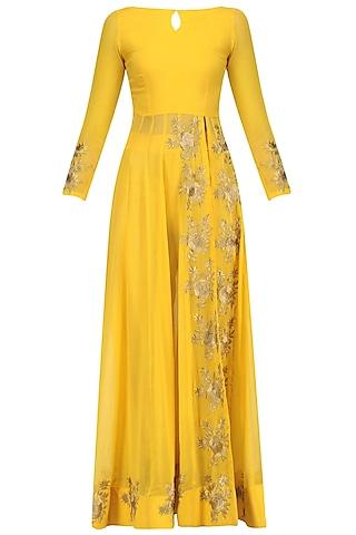 yellow floral embroidered high slit anarkali and pants set