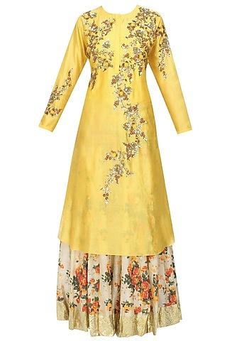 yellow floral embroidered kalidaar kurta and off white printed skirt set