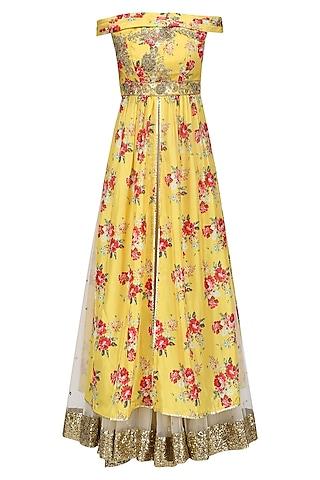 yellow floral embroidered off shoulder kurta and skirt set