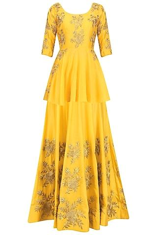 yellow floral embroidered peplum blouse and lehenga set