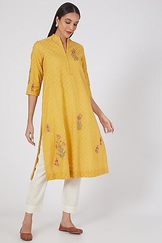 yellow floral embroidered straight kurta set