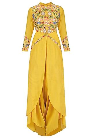 yellow floral embroidered tunic and dhoti pants set