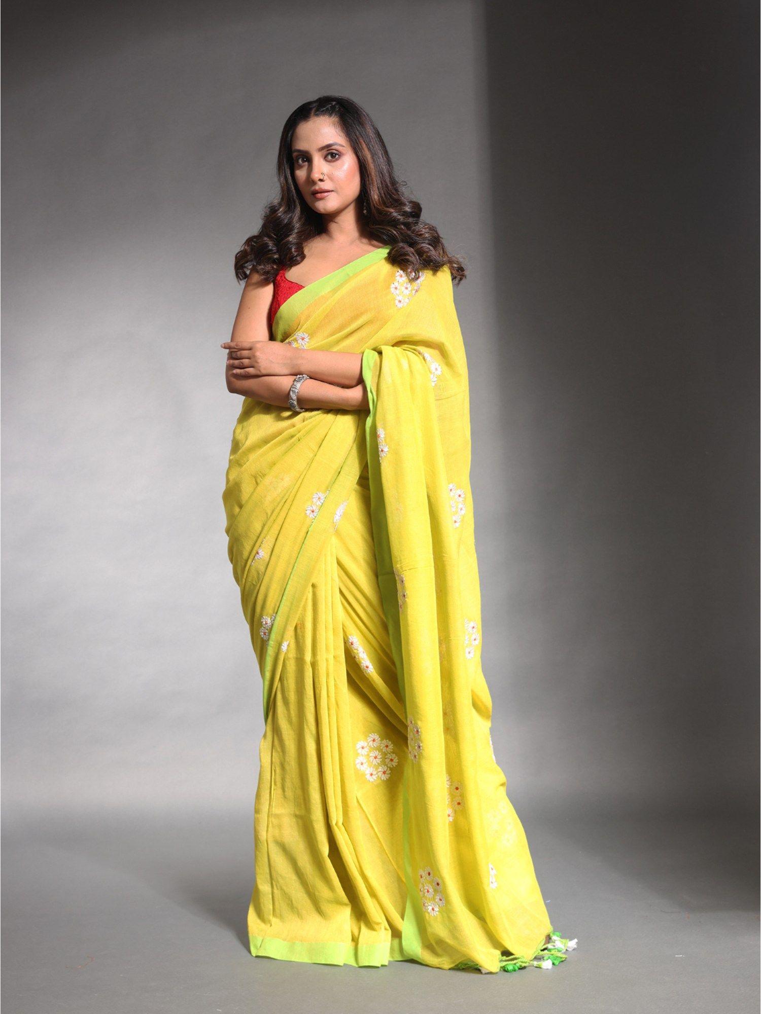 yellow floral embroidery work pure cotton soft saree with unstitched blouse