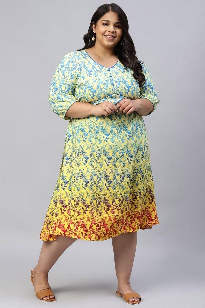 yellow floral flared plus size dress