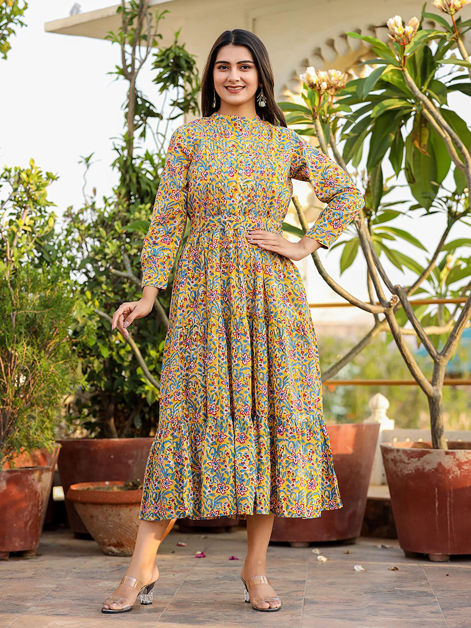 yellow floral handblock print cotton dress with belt (set of 2)