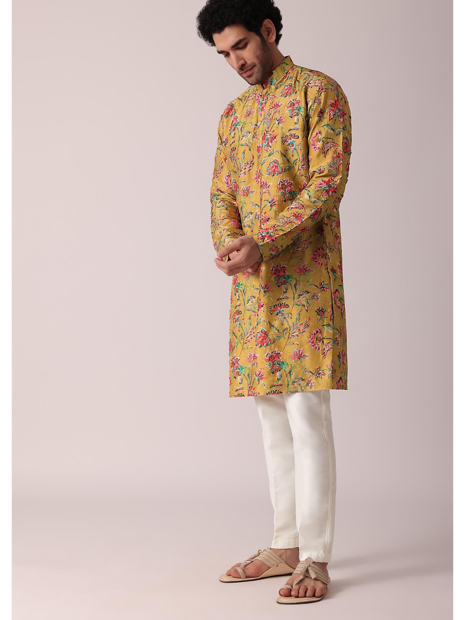 yellow floral intricated silk kurta (set of 2)